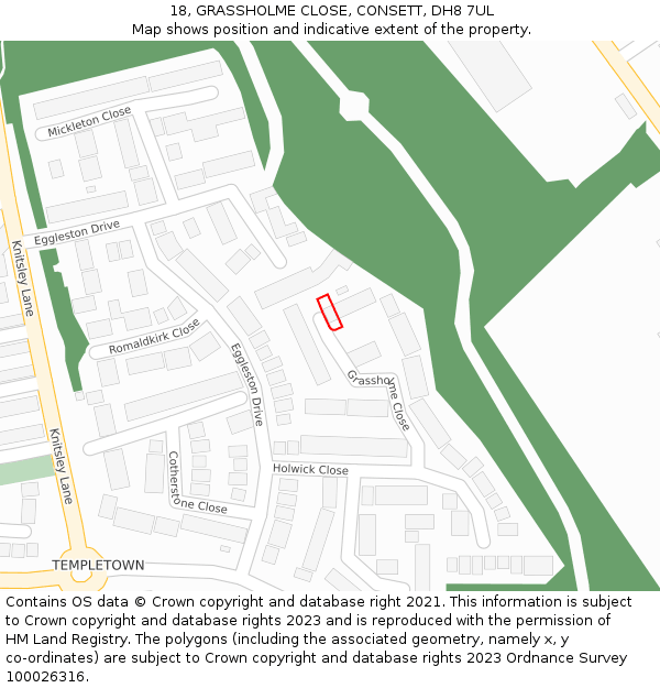 18, GRASSHOLME CLOSE, CONSETT, DH8 7UL: Location map and indicative extent of plot