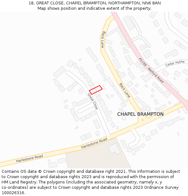 18, GREAT CLOSE, CHAPEL BRAMPTON, NORTHAMPTON, NN6 8AN: Location map and indicative extent of plot