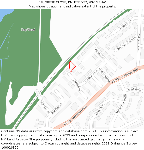 18, GREBE CLOSE, KNUTSFORD, WA16 8HW: Location map and indicative extent of plot