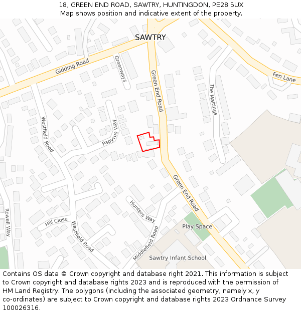 18, GREEN END ROAD, SAWTRY, HUNTINGDON, PE28 5UX: Location map and indicative extent of plot