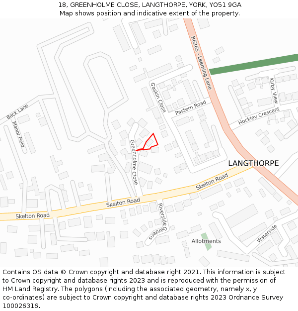 18, GREENHOLME CLOSE, LANGTHORPE, YORK, YO51 9GA: Location map and indicative extent of plot