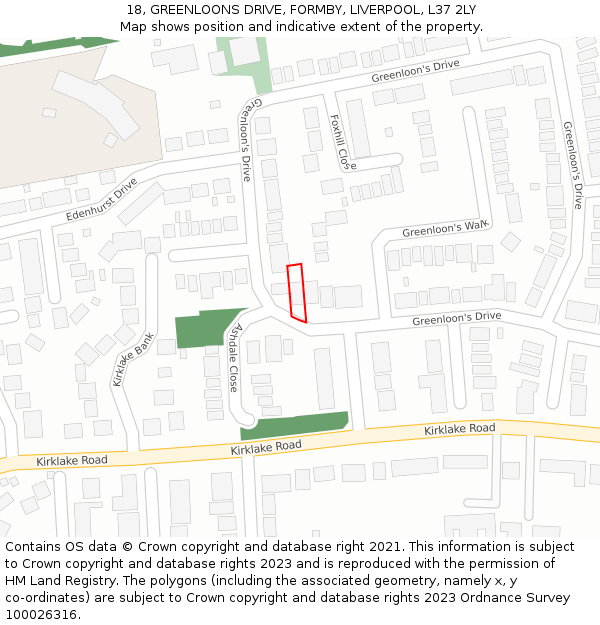 18, GREENLOONS DRIVE, FORMBY, LIVERPOOL, L37 2LY: Location map and indicative extent of plot