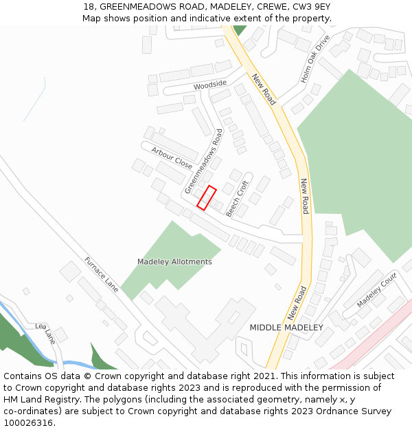 18, GREENMEADOWS ROAD, MADELEY, CREWE, CW3 9EY: Location map and indicative extent of plot