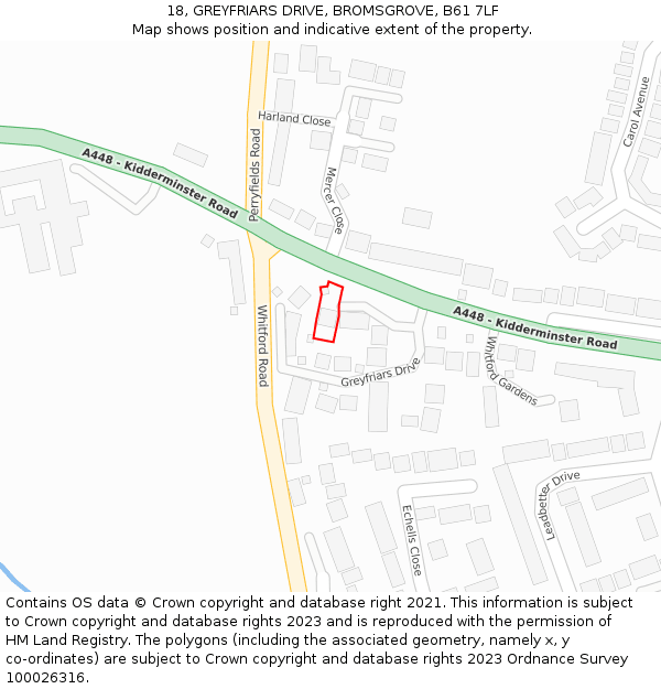 18, GREYFRIARS DRIVE, BROMSGROVE, B61 7LF: Location map and indicative extent of plot