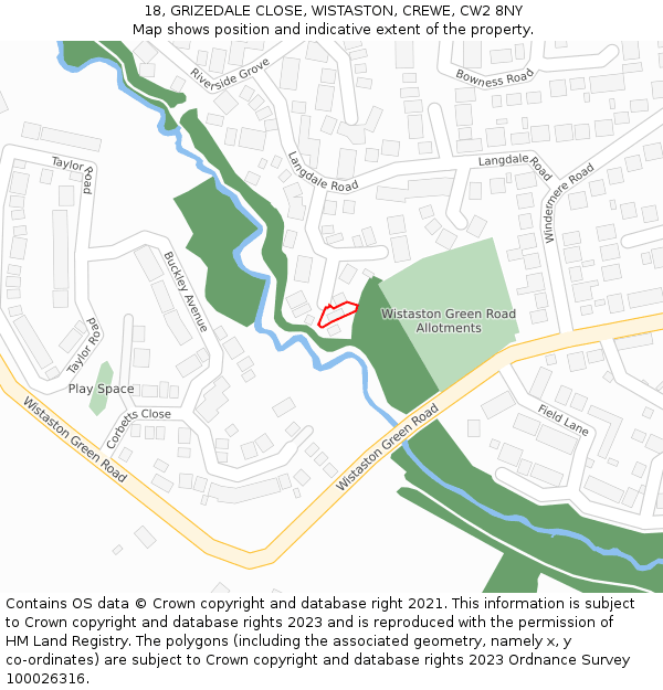 18, GRIZEDALE CLOSE, WISTASTON, CREWE, CW2 8NY: Location map and indicative extent of plot