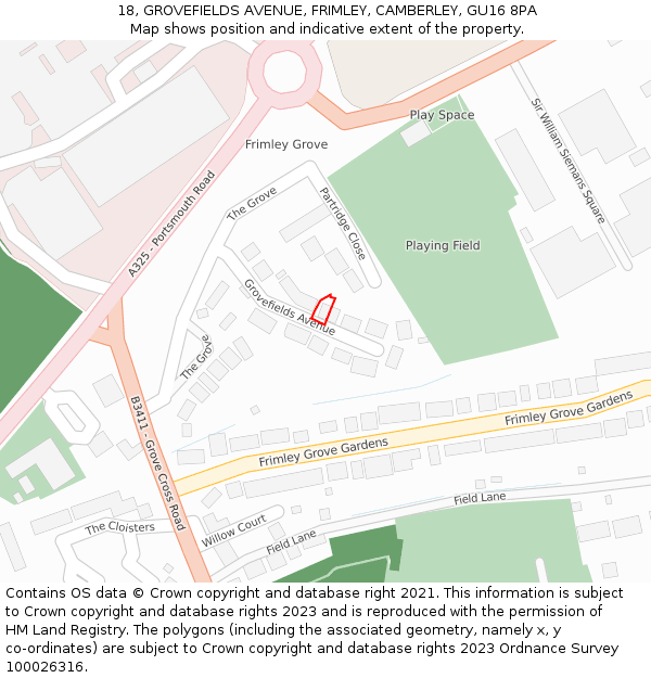 18, GROVEFIELDS AVENUE, FRIMLEY, CAMBERLEY, GU16 8PA: Location map and indicative extent of plot