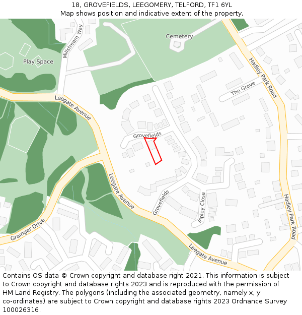 18, GROVEFIELDS, LEEGOMERY, TELFORD, TF1 6YL: Location map and indicative extent of plot