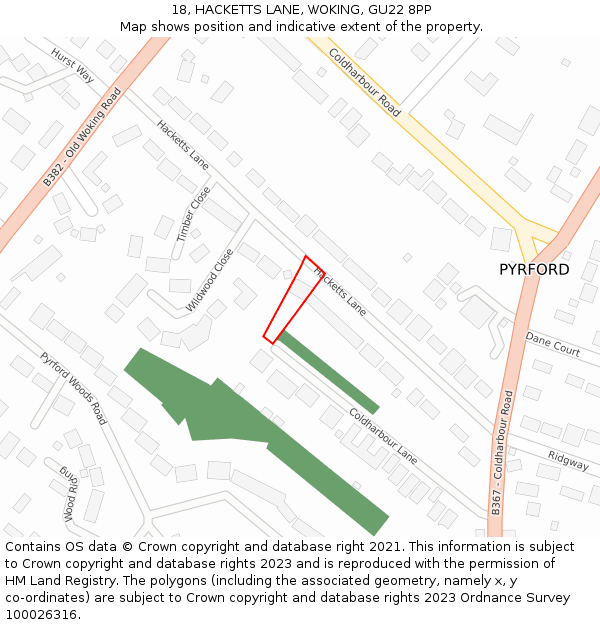 18, HACKETTS LANE, WOKING, GU22 8PP: Location map and indicative extent of plot