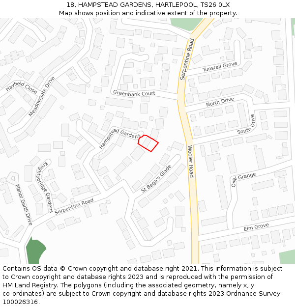 18, HAMPSTEAD GARDENS, HARTLEPOOL, TS26 0LX: Location map and indicative extent of plot