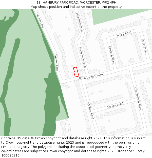 18, HANBURY PARK ROAD, WORCESTER, WR2 4PH: Location map and indicative extent of plot