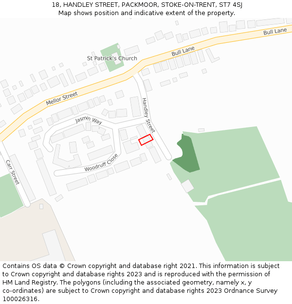 18, HANDLEY STREET, PACKMOOR, STOKE-ON-TRENT, ST7 4SJ: Location map and indicative extent of plot