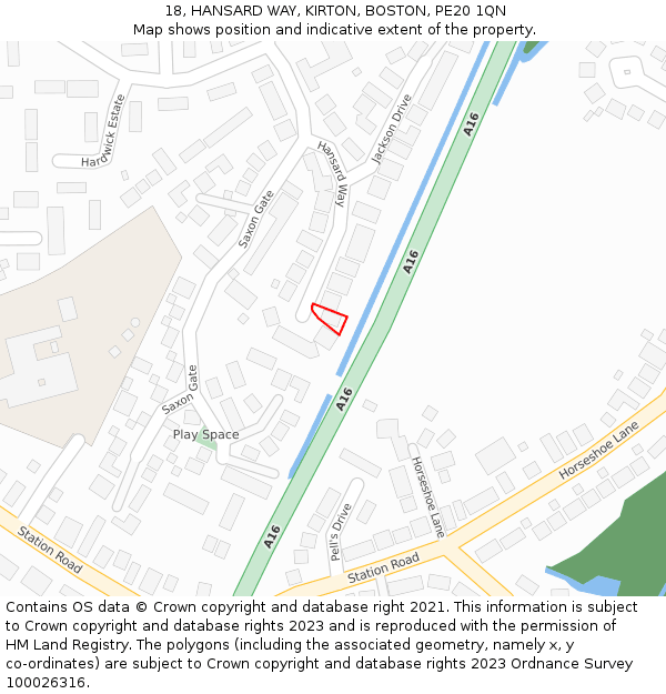 18, HANSARD WAY, KIRTON, BOSTON, PE20 1QN: Location map and indicative extent of plot