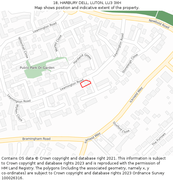 18, HARBURY DELL, LUTON, LU3 3XH: Location map and indicative extent of plot