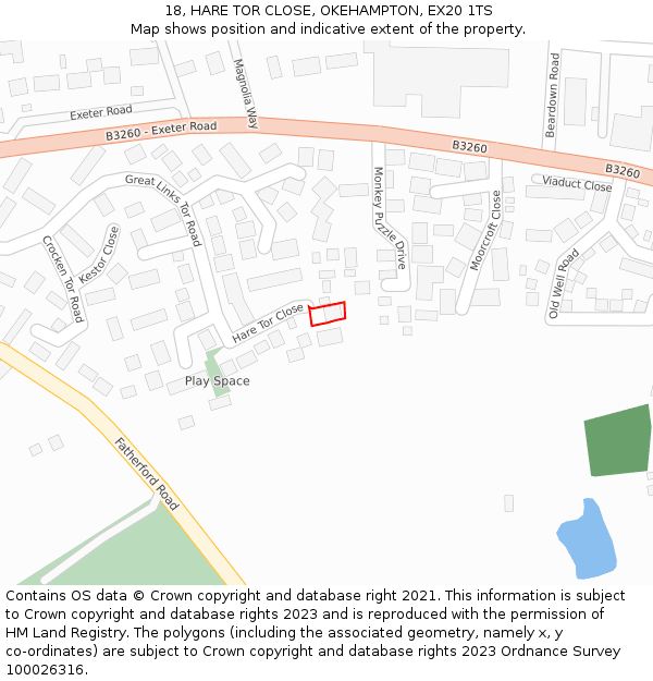 18, HARE TOR CLOSE, OKEHAMPTON, EX20 1TS: Location map and indicative extent of plot