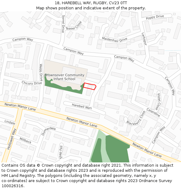 18, HAREBELL WAY, RUGBY, CV23 0TT: Location map and indicative extent of plot