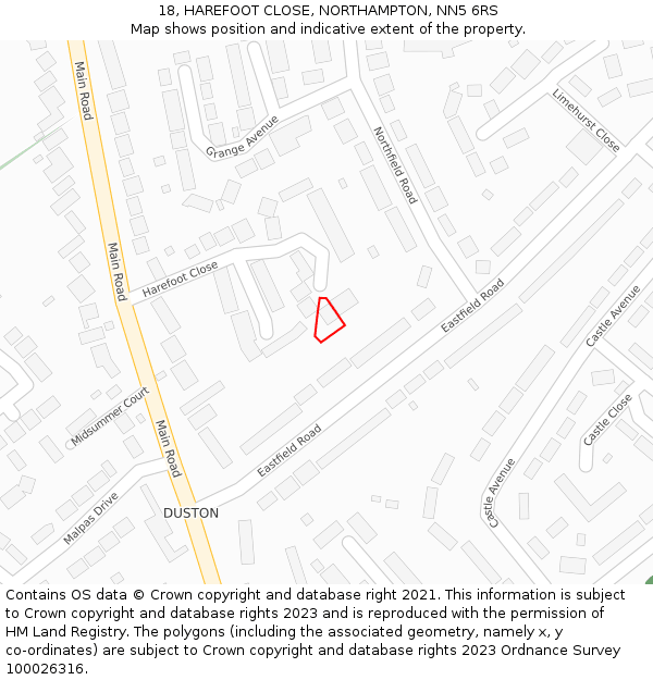 18, HAREFOOT CLOSE, NORTHAMPTON, NN5 6RS: Location map and indicative extent of plot