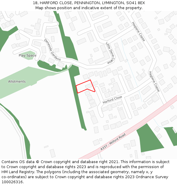 18, HARFORD CLOSE, PENNINGTON, LYMINGTON, SO41 8EX: Location map and indicative extent of plot