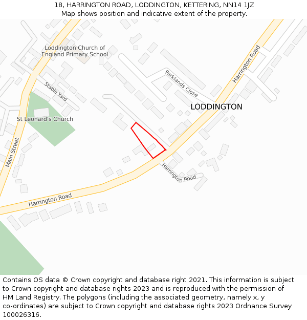 18, HARRINGTON ROAD, LODDINGTON, KETTERING, NN14 1JZ: Location map and indicative extent of plot