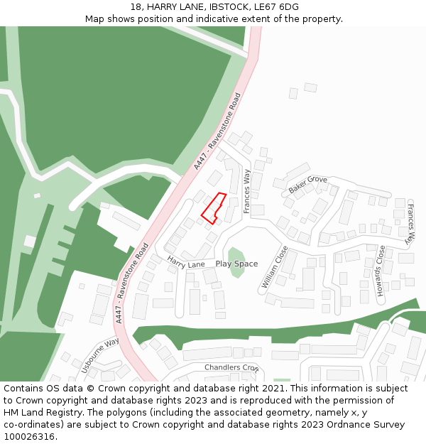 18, HARRY LANE, IBSTOCK, LE67 6DG: Location map and indicative extent of plot
