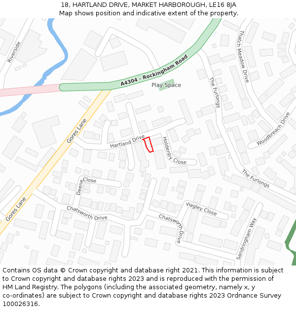 18, HARTLAND DRIVE, MARKET HARBOROUGH, LE16 8JA: Location map and indicative extent of plot