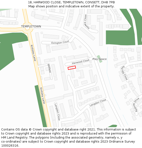 18, HARWOOD CLOSE, TEMPLETOWN, CONSETT, DH8 7PB: Location map and indicative extent of plot