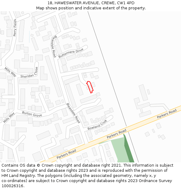 18, HAWESWATER AVENUE, CREWE, CW1 4PD: Location map and indicative extent of plot