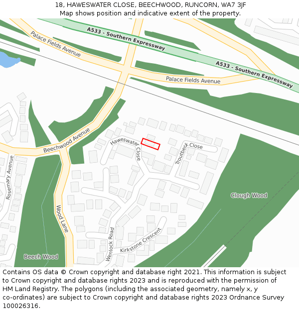 18, HAWESWATER CLOSE, BEECHWOOD, RUNCORN, WA7 3JF: Location map and indicative extent of plot