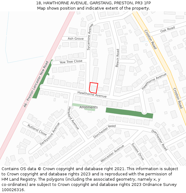 18, HAWTHORNE AVENUE, GARSTANG, PRESTON, PR3 1FP: Location map and indicative extent of plot