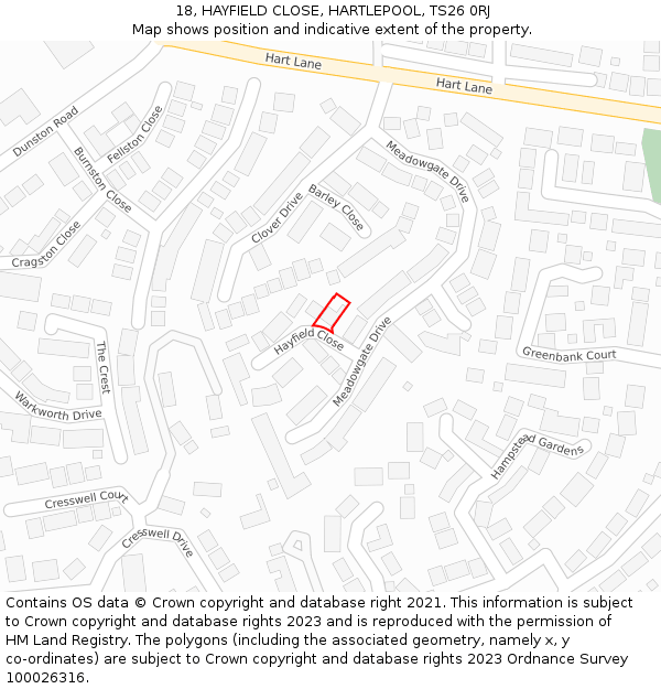 18, HAYFIELD CLOSE, HARTLEPOOL, TS26 0RJ: Location map and indicative extent of plot