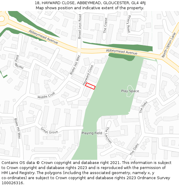 18, HAYWARD CLOSE, ABBEYMEAD, GLOUCESTER, GL4 4RJ: Location map and indicative extent of plot