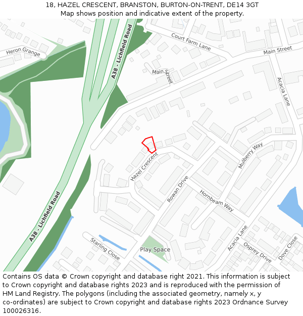 18, HAZEL CRESCENT, BRANSTON, BURTON-ON-TRENT, DE14 3GT: Location map and indicative extent of plot