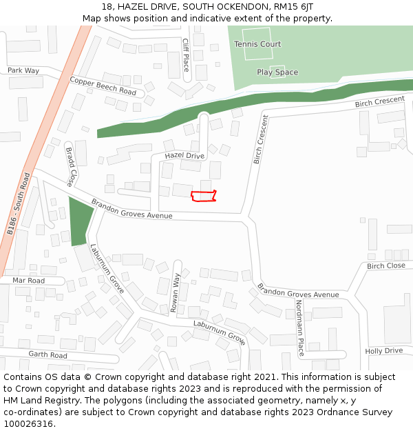 18, HAZEL DRIVE, SOUTH OCKENDON, RM15 6JT: Location map and indicative extent of plot