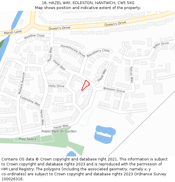 18, HAZEL WAY, EDLESTON, NANTWICH, CW5 5XG: Location map and indicative extent of plot