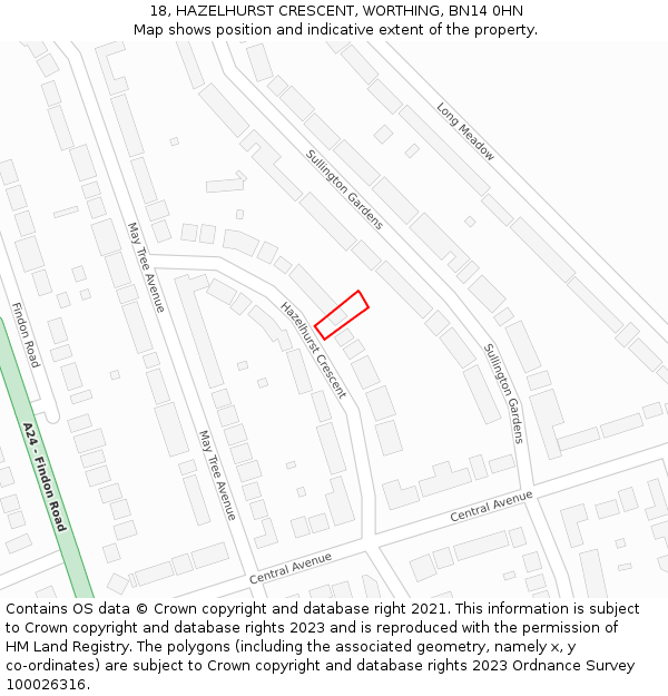 18, HAZELHURST CRESCENT, WORTHING, BN14 0HN: Location map and indicative extent of plot