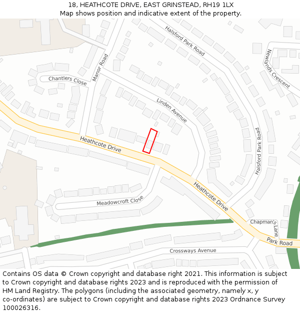 18, HEATHCOTE DRIVE, EAST GRINSTEAD, RH19 1LX: Location map and indicative extent of plot