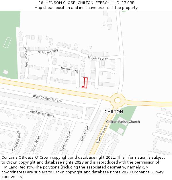 18, HENSON CLOSE, CHILTON, FERRYHILL, DL17 0BF: Location map and indicative extent of plot