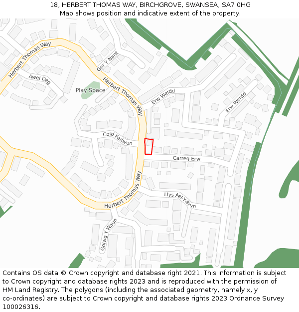 18, HERBERT THOMAS WAY, BIRCHGROVE, SWANSEA, SA7 0HG: Location map and indicative extent of plot