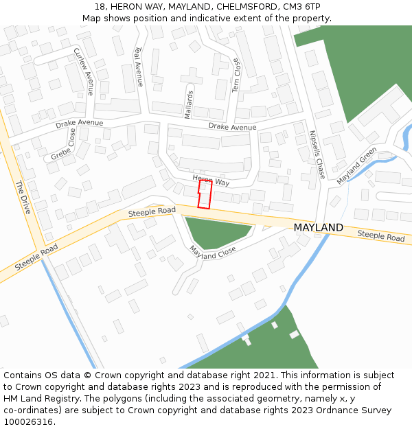 18, HERON WAY, MAYLAND, CHELMSFORD, CM3 6TP: Location map and indicative extent of plot