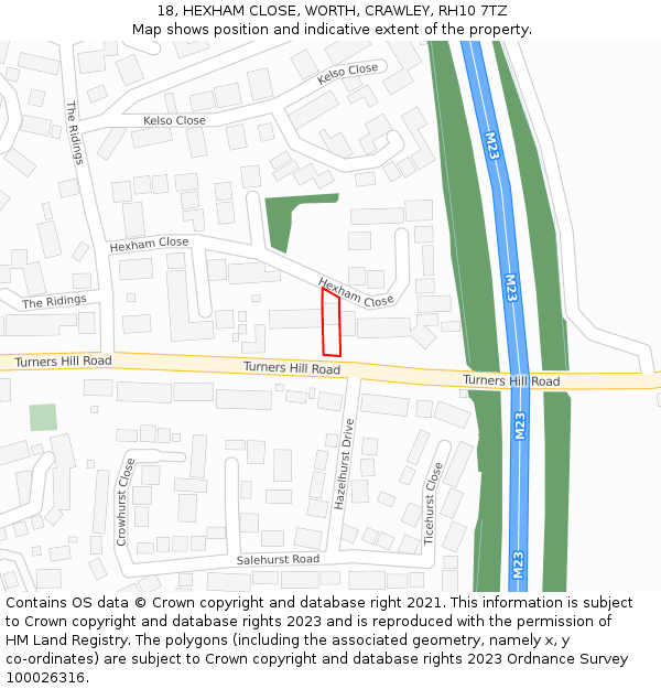 18, HEXHAM CLOSE, WORTH, CRAWLEY, RH10 7TZ: Location map and indicative extent of plot