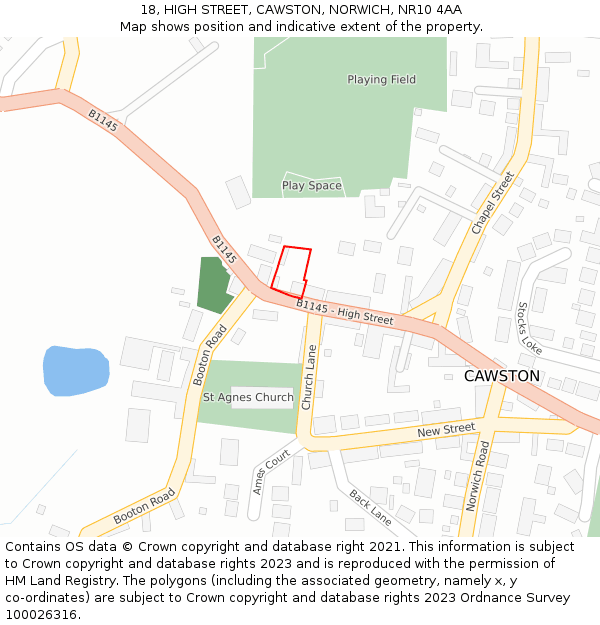 18, HIGH STREET, CAWSTON, NORWICH, NR10 4AA: Location map and indicative extent of plot