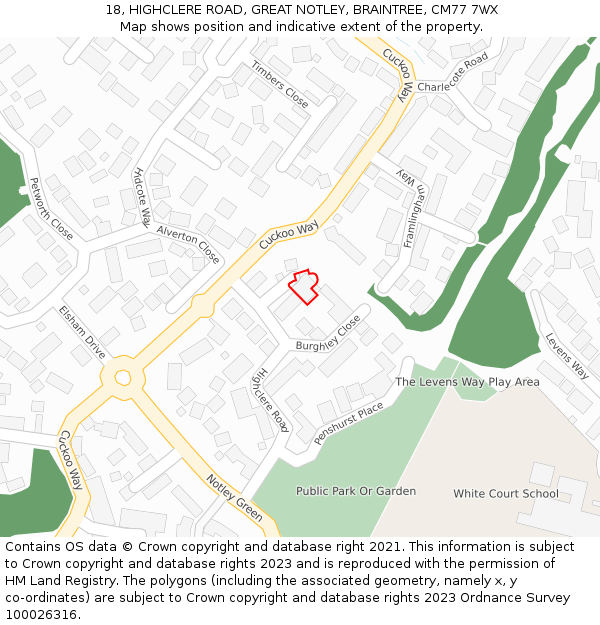 18, HIGHCLERE ROAD, GREAT NOTLEY, BRAINTREE, CM77 7WX: Location map and indicative extent of plot