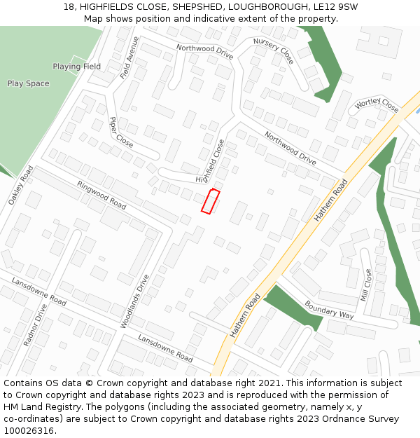 18, HIGHFIELDS CLOSE, SHEPSHED, LOUGHBOROUGH, LE12 9SW: Location map and indicative extent of plot