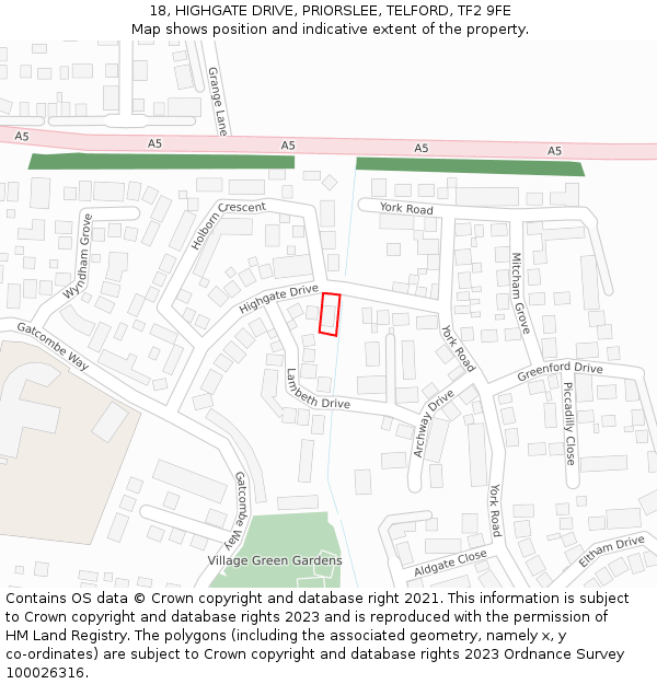 18, HIGHGATE DRIVE, PRIORSLEE, TELFORD, TF2 9FE: Location map and indicative extent of plot