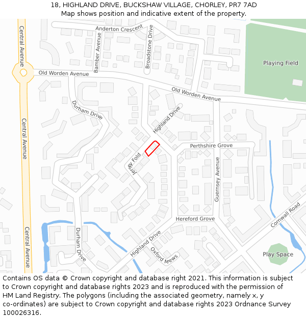 18, HIGHLAND DRIVE, BUCKSHAW VILLAGE, CHORLEY, PR7 7AD: Location map and indicative extent of plot