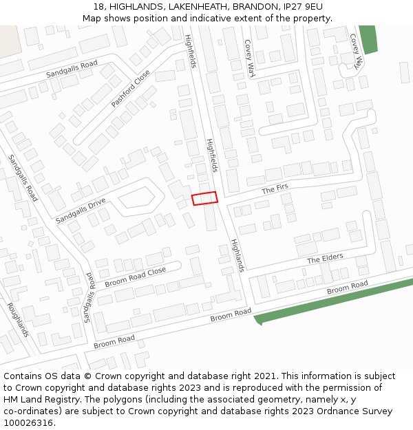 18, HIGHLANDS, LAKENHEATH, BRANDON, IP27 9EU: Location map and indicative extent of plot