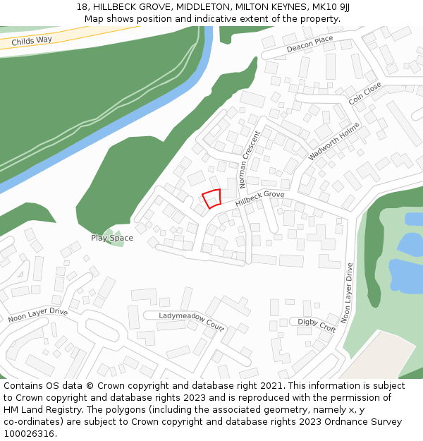 18, HILLBECK GROVE, MIDDLETON, MILTON KEYNES, MK10 9JJ: Location map and indicative extent of plot