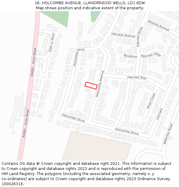 18, HOLCOMBE AVENUE, LLANDRINDOD WELLS, LD1 6DW: Location map and indicative extent of plot