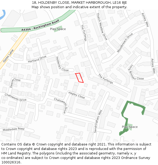 18, HOLDENBY CLOSE, MARKET HARBOROUGH, LE16 8JE: Location map and indicative extent of plot