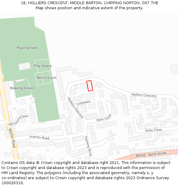 18, HOLLIERS CRESCENT, MIDDLE BARTON, CHIPPING NORTON, OX7 7HE: Location map and indicative extent of plot