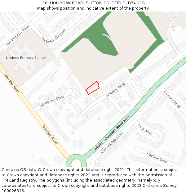 18, HOLLYOAK ROAD, SUTTON COLDFIELD, B74 2FG: Location map and indicative extent of plot
